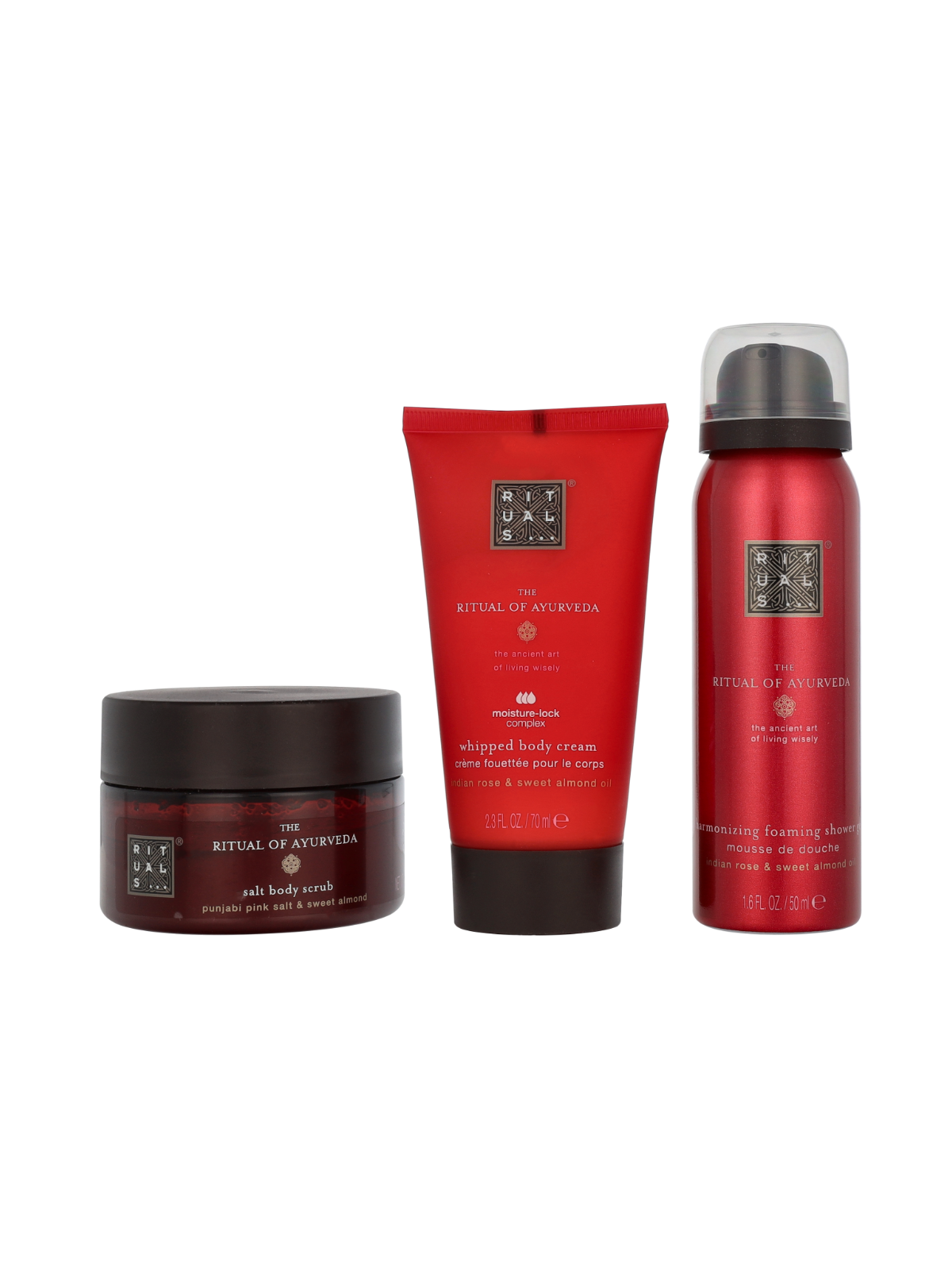 Rituals Ayurveda Trial Set Foaming Shower Gel 50ml Body Scrub 125g Body Cream 70ml 220ml