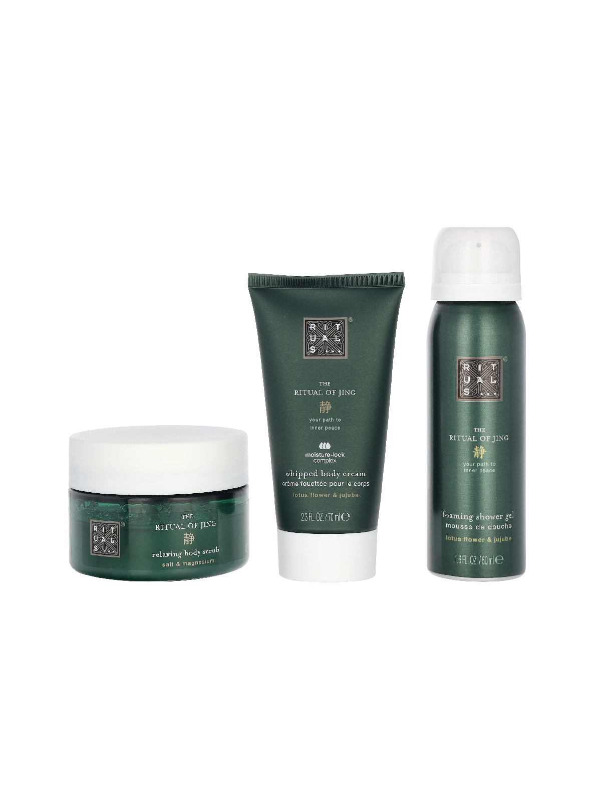 Rituals Jing Trial Set Body Scrub 125g Foaming Shower Gel 50ml Body Cream 70ml 6g