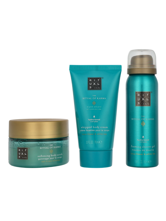 Rituals Karma Trial Set Foaming Shower Gel 50ml Body Scrub 125g Body Cream 70ml 150ml