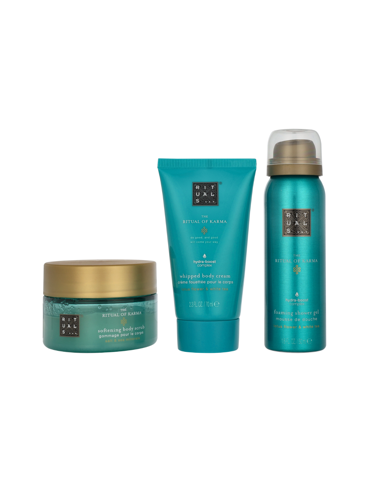 Rituals Karma Trial Set Foaming Shower Gel 50ml Body Scrub 125g Body Cream 70ml 150ml