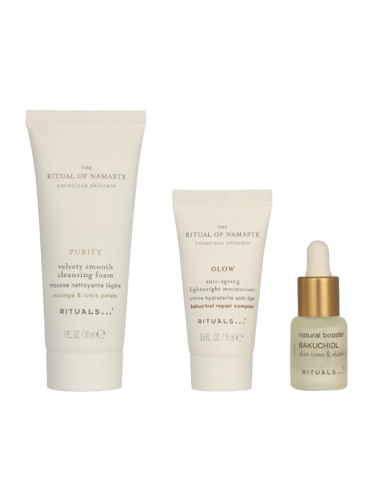 Rituals Namaste Set Velvety Smooth Cleansing Foam 30ml Anti-Ageing Lightweight Moisturiser 15ml Bakuchiol Natural Booster 6,5ml