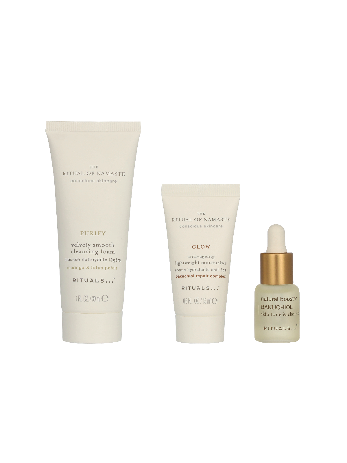Rituals Namaste Set Velvety Smooth Cleansing Foam 30ml Anti-Ageing Lightweight Moisturiser 15ml Bakuchiol Natural Booster 6,5ml