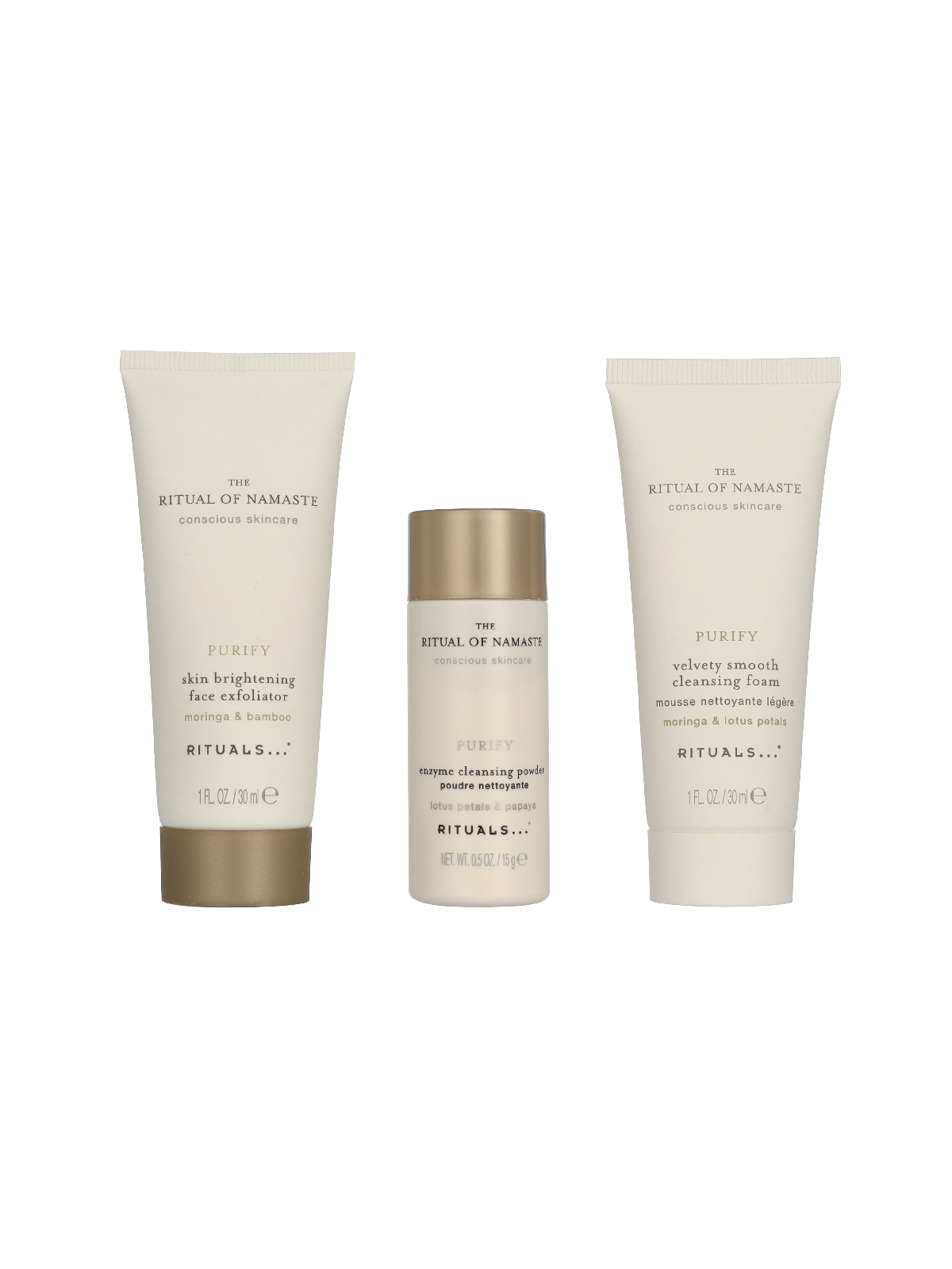 Rituals Namaste Set Skin Brightening Face Exfoliator 30ml Velvety Smooth Cleansing Foam 30ml Enzyme Cleansing Powder 15gr 5ml