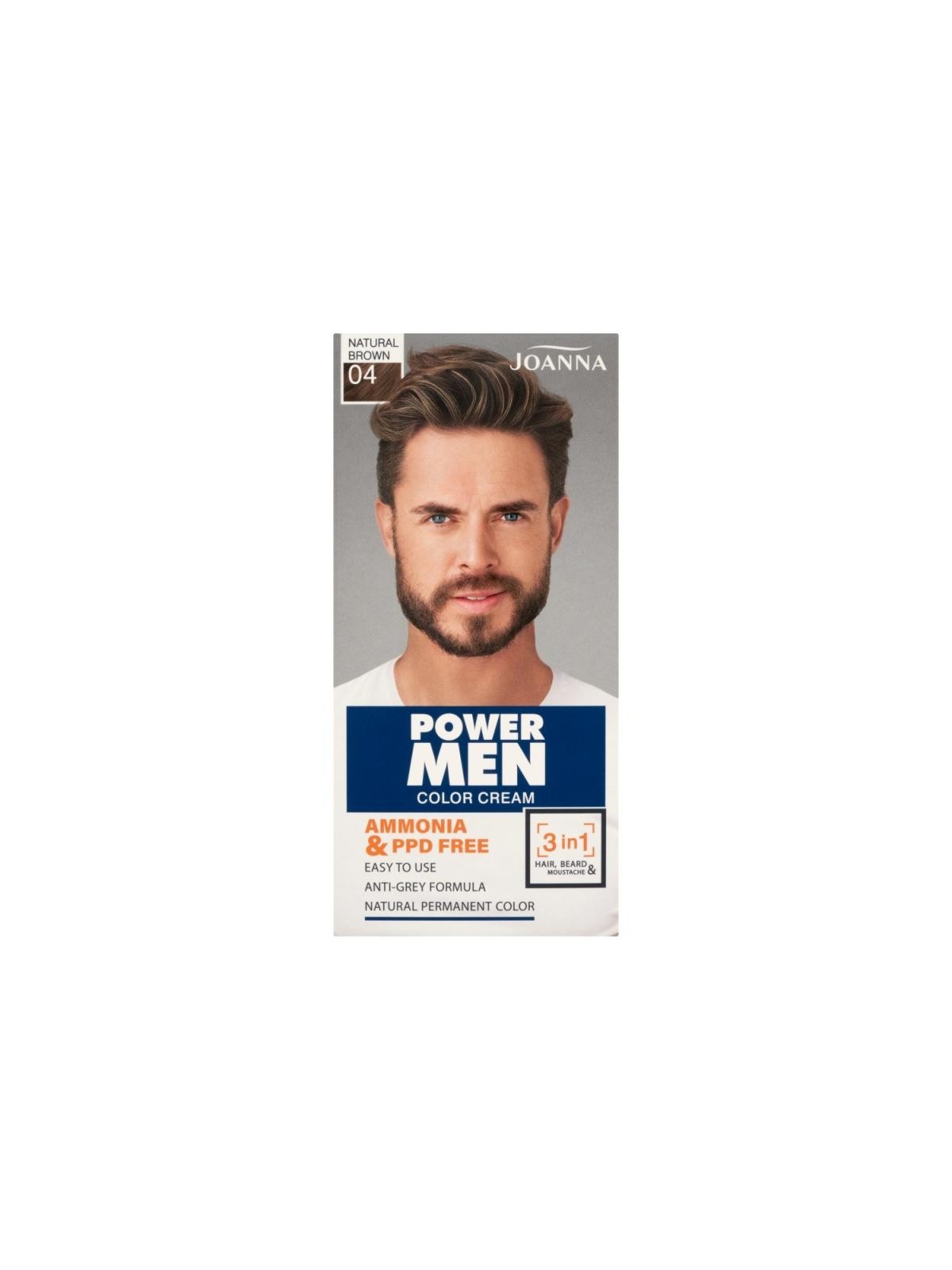 JOANNA Power Men Color Cream 3in1 Tintura per capelli barba baffi per uomo 04 Marrone naturale 30g