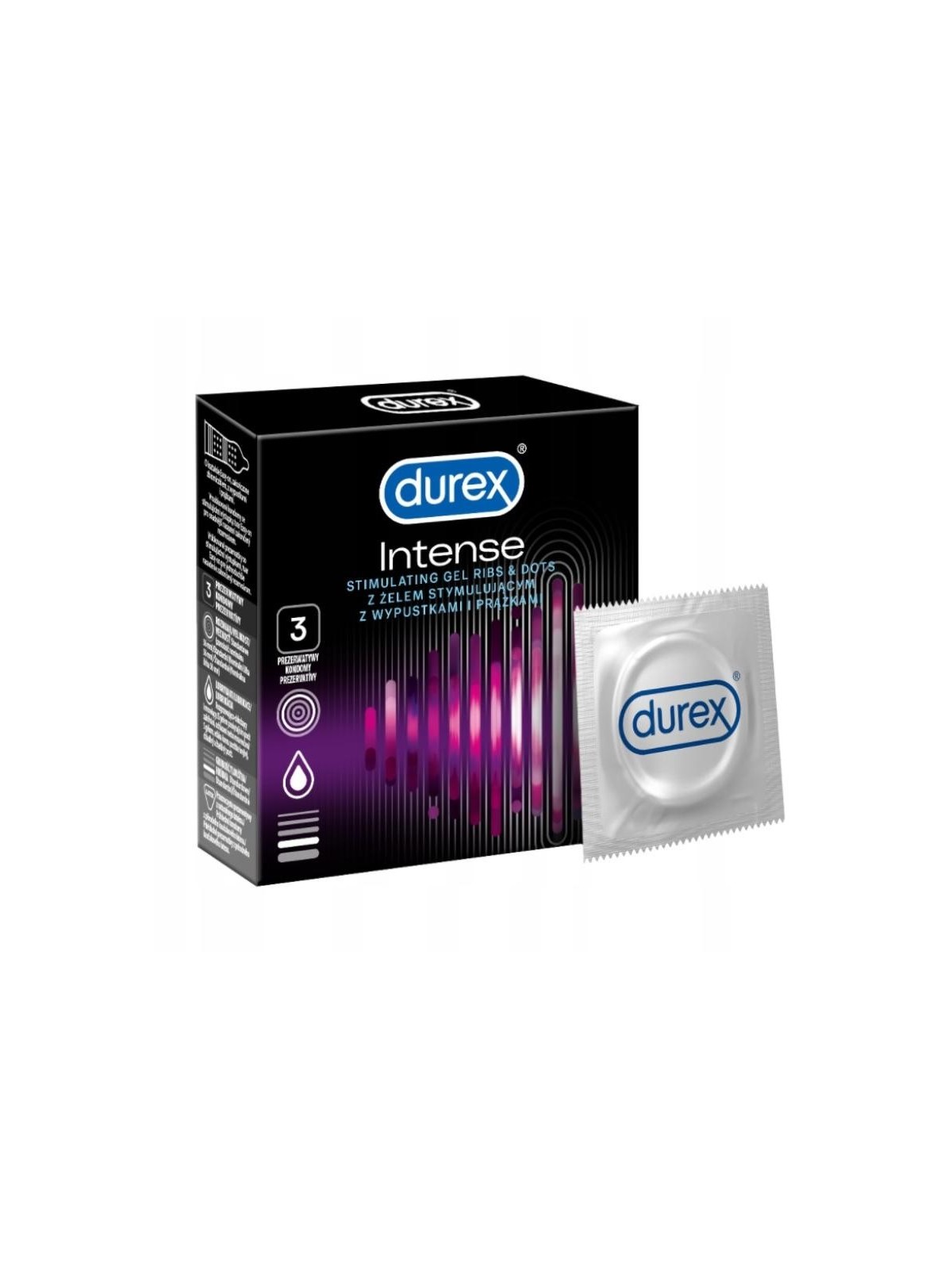 DUREX Preservativi a coste Intense con borchie e gel stimolante 3 pz