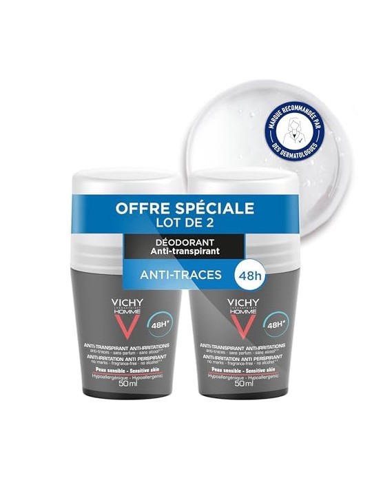 Vichy Men Homme 48H Deo roll-on Anti-Traspirante Extra Sensitive 2 pz Deodorante per pelli sensibili uomo 50ml