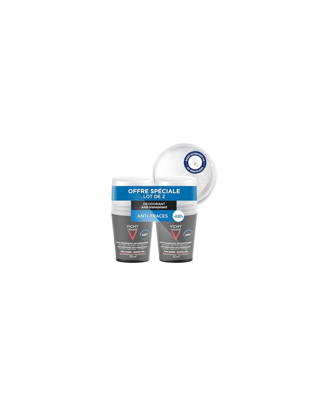 Vichy Men Homme 48H Deo roll-on Anti-Traspirante Extra Sensitive 2 pz Deodorante per pelli sensibili uomo 50ml