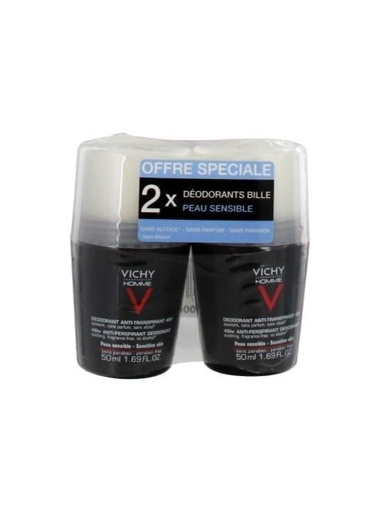 Vichy Men Homme 48H Deo roll-on Anti-Traspirante Extra Sensitive 2 pz Deodorante per pelli sensibili uomo 50ml