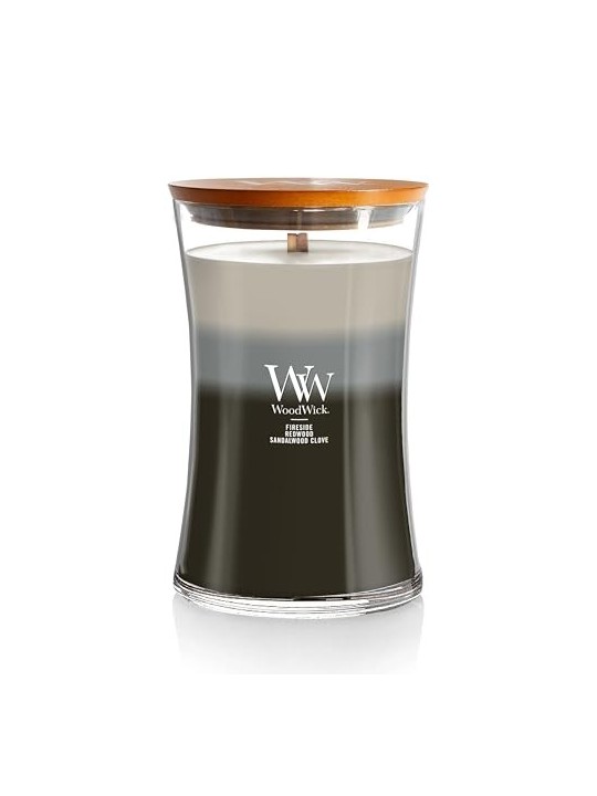 WoodWick Candela Profumata Trilogy Pino Rosso Sandalo e