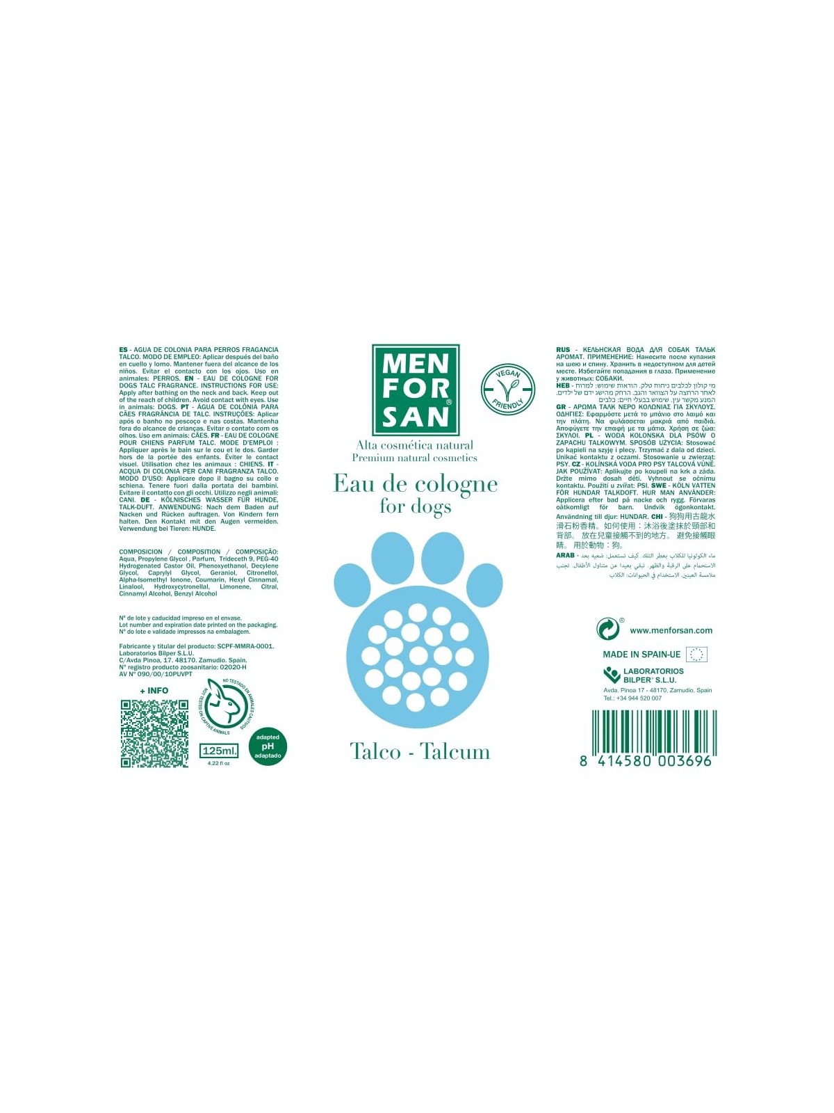 Fragranza per cani EAU DE COLOGNE FOR DOGS talco 125ml