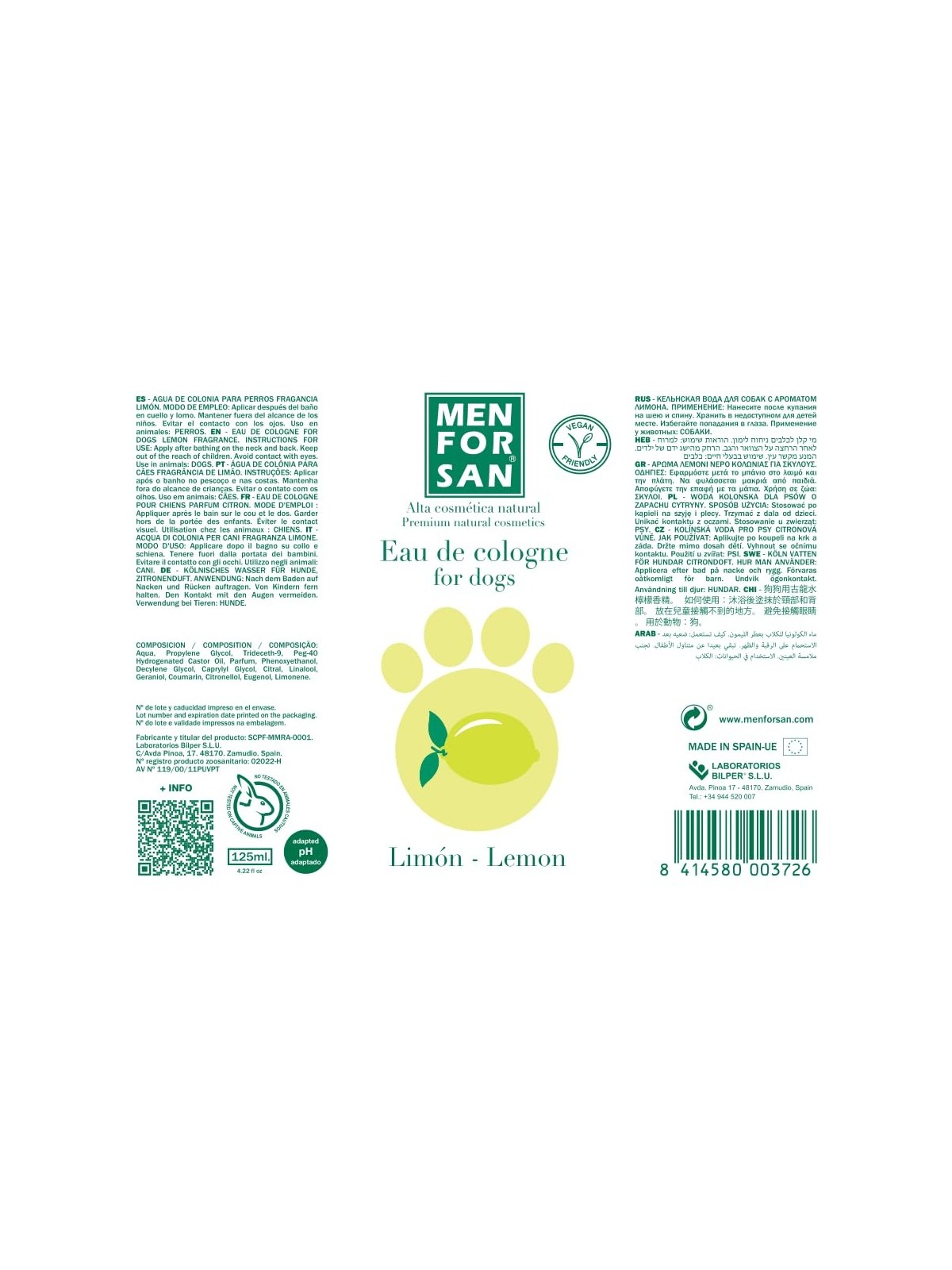 Profumo unisex per cani Men For San ACQUA DI COLONIA PER CANI limone 125ml