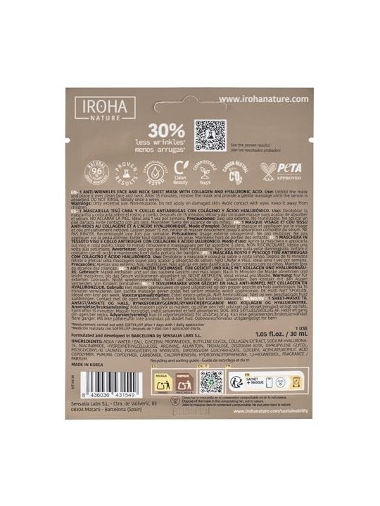 Iroha 100% COTTON FACE & NECK MASK with collagen anti-aging