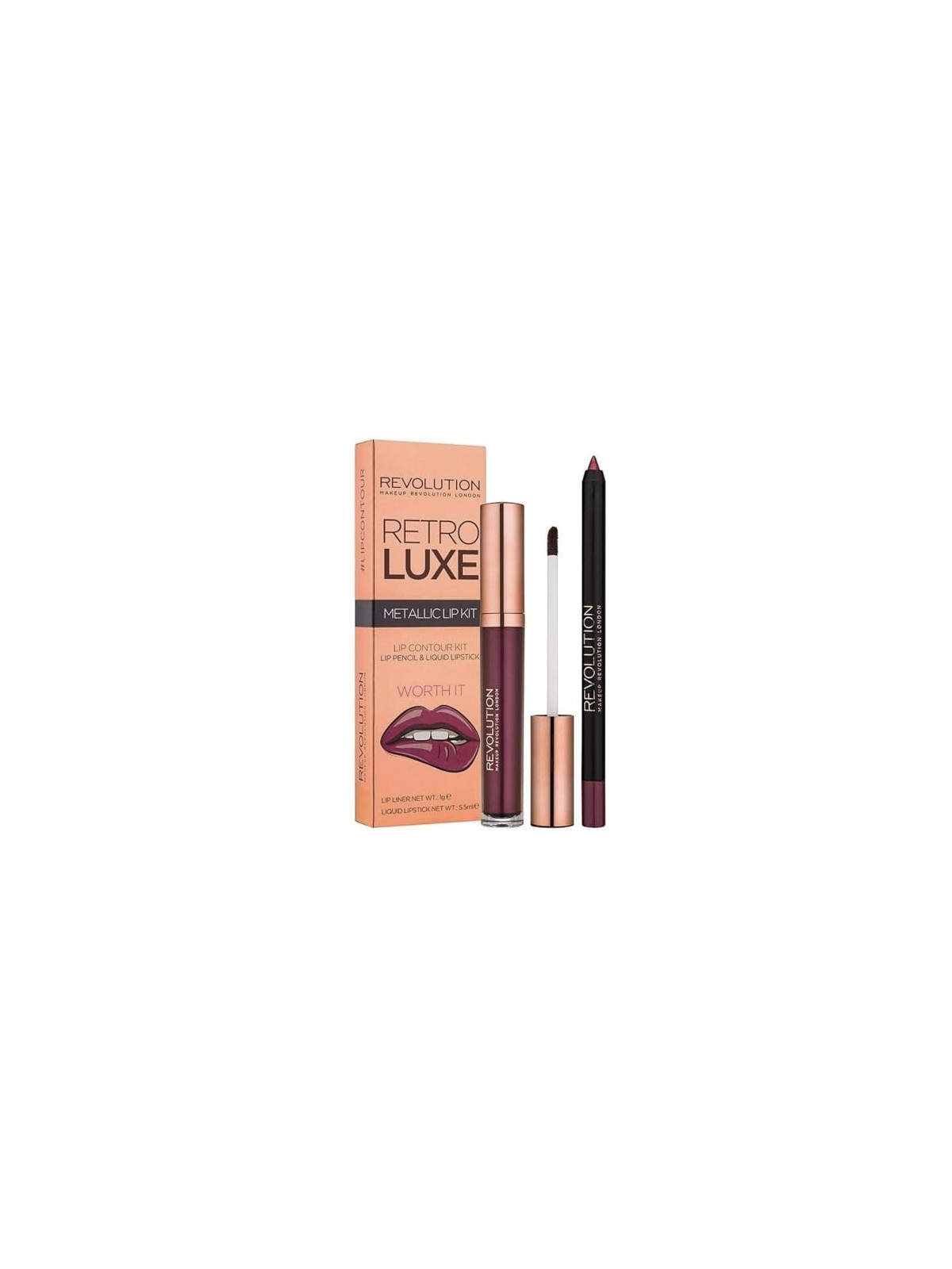 Set Makeup Revolution Rossetto Liquido Metallico Retro Luxe Worth It 55ml e Matita Labbra Retro Luxe Worth It 1g donna