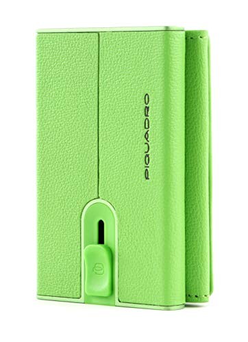 Piquadro Blue Square Leather Card Holder Sliding System and RFID AntiFraud Protection Green unisex