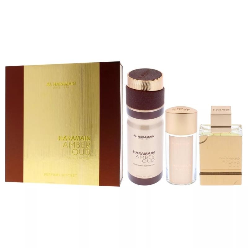 Set al haramain amber oud gold edp spray 75 ml + edp spray 30 ml + spray per il corpo 200 ml