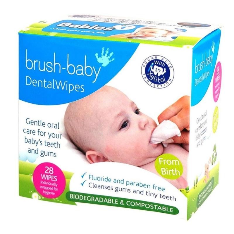 Brush baby salviette dentali con xilitolo per la pulizia di gengive e denti da latte 0-16 mesi 28 pezzi.