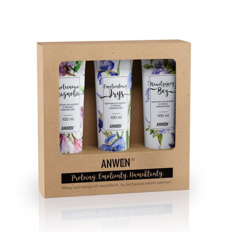Anwen set balsami per capelli a media porosità proteine magnolia 100ml + emolliente iris 100ml + idratante sambuco 100ml