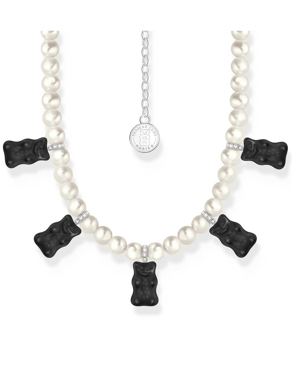 collana donna Thomas Sabo KE2208-052-11-L50V Silver Pearl necklace With 5 Black Gold Bears Ladies