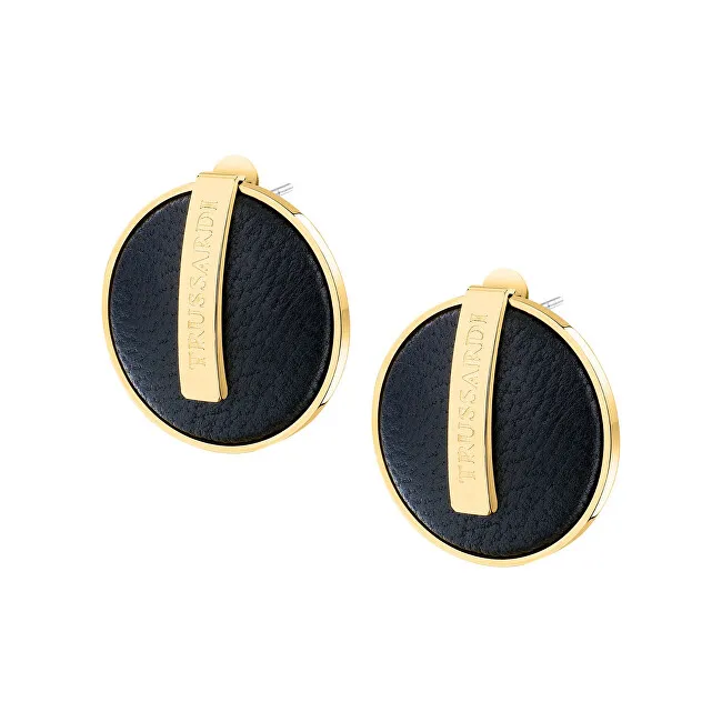 Trussardi Orecchini unici placcati in oro con pelle nera T-Round TJAYF01 donna