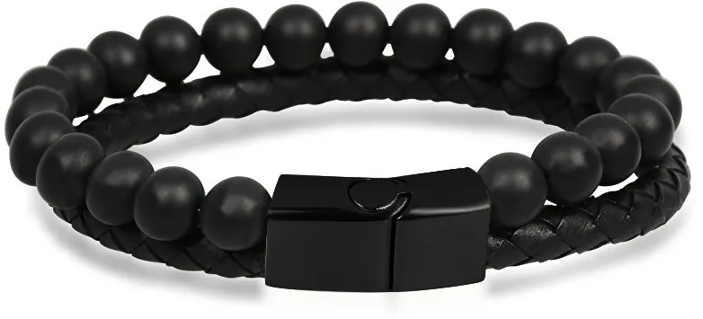 Troli Bracciale uomo nero in pelle e perline Pelle uomo