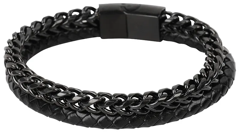 Troli Bracciale nero da uomo in combinazione di acciaio e pelle uomo