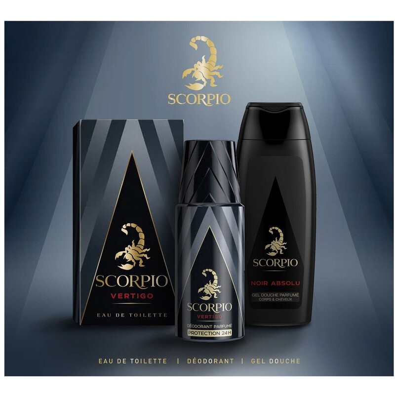 Set regalo Scorpio Vertigo: eau de toilette 75ml, gel doccia 250ml e deodorante spray 150ml uomo