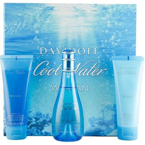 Set regalo Davidoff Cool Water Woman: eau de toilette 100ml, lozione corpo 75ml, Cool Water e gel doccia Cool Water 75ml.