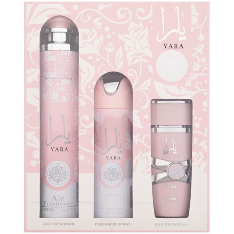 Cofanetto regalo Yara di Lattafa Perfumes: eau de parfum 100ml, deodorante spray 200ml e profumatore per ambienti 300ml donna