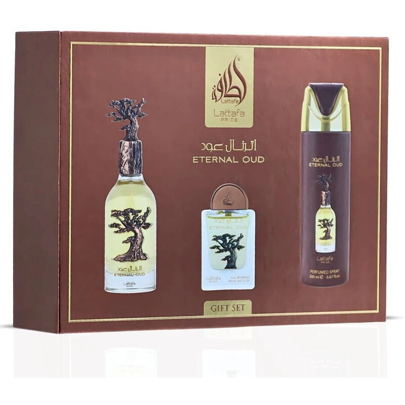 Lattafa Perfumes Eternal Oud Set regalo eau de parfum 100ml, deospray 200ml ed eau de parfum 20ml unisex