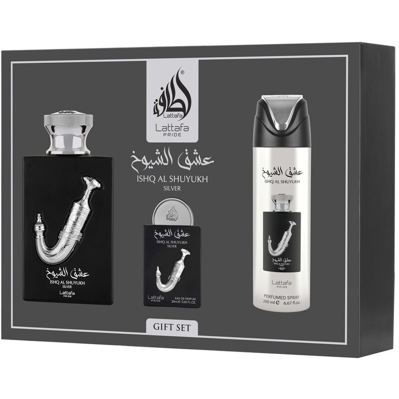 Lattafa Perfumes Ishq Al Shuyukh Silver Set regalo eau de parfum 100ml, deospray 200ml ed eau de parfum 20ml unisex