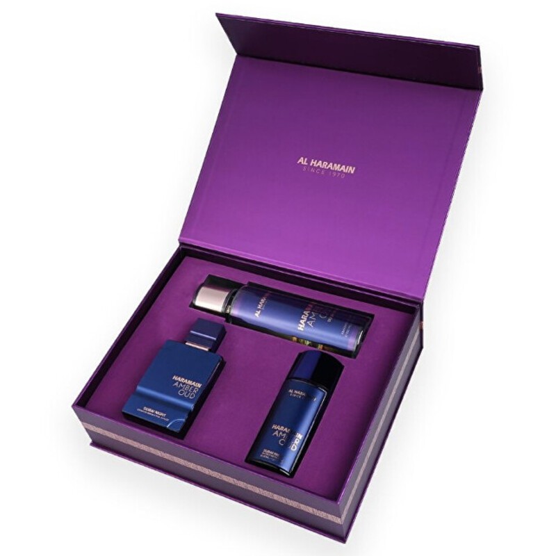 Al Haramain Amber Oud Dubai Night Set regalo Extrait de parfum 75ml, extrait de parfum 30ml e body roll 250ml unisex