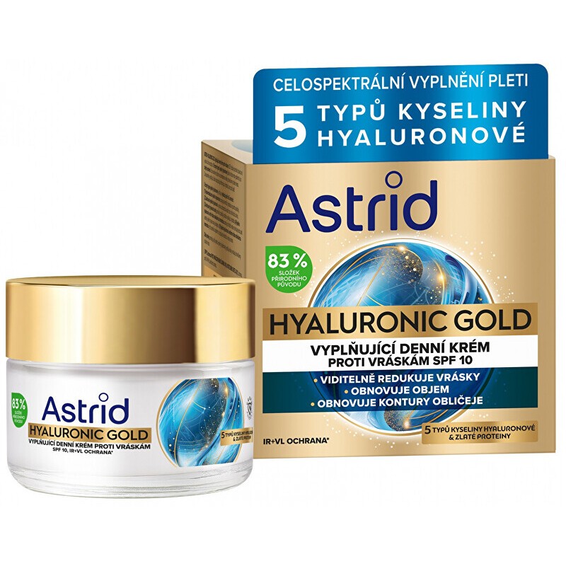 Astrid Hyaluronic Gold Cream SPF 10 - Crema giorno rimpolpante antirughe con proteine dell'oro 50ml donna