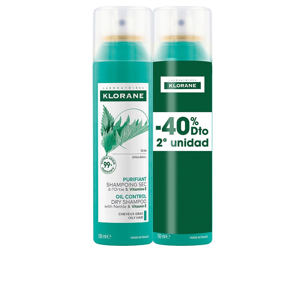 Klorane Shampoo secco all'ortica, sebo-regolatore per capelligrassi, confezione da 2 x 150ml 2 x 150 ml unisex