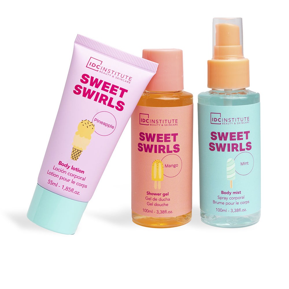 Idc Institute SWEET SWIRLS set da 4 pezzi 55ml Body Lotion + 100ml Shower Gel 100ml Body Mist + Toiletry Bag unisex
