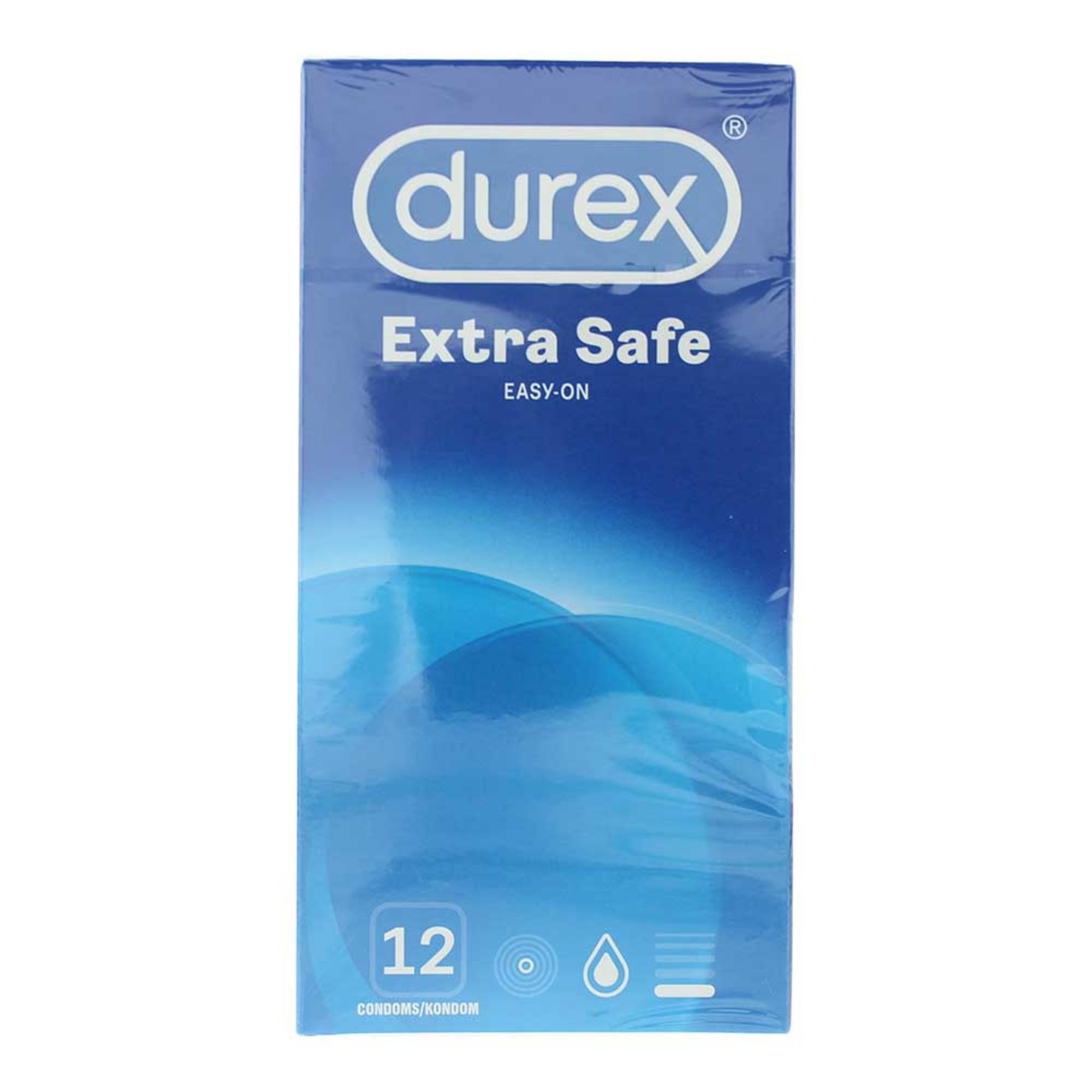 Confezione da 12 preservativi Durex Extra Safe in gomma vulcanizzata trasparente.
