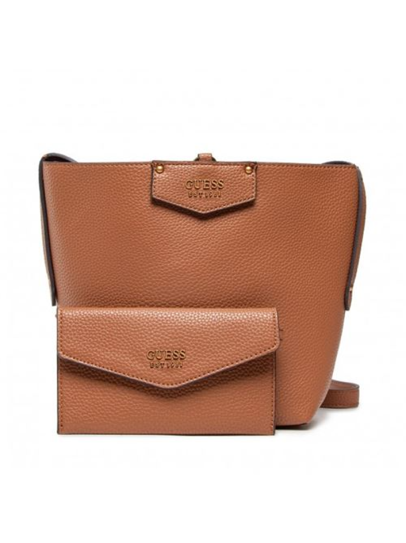 Borsa Guess Brenton in pelle ecologica e tessuto struttura rigida colore caramello modello 6432 donna dimensioni 22 x 18 x 9 cm.