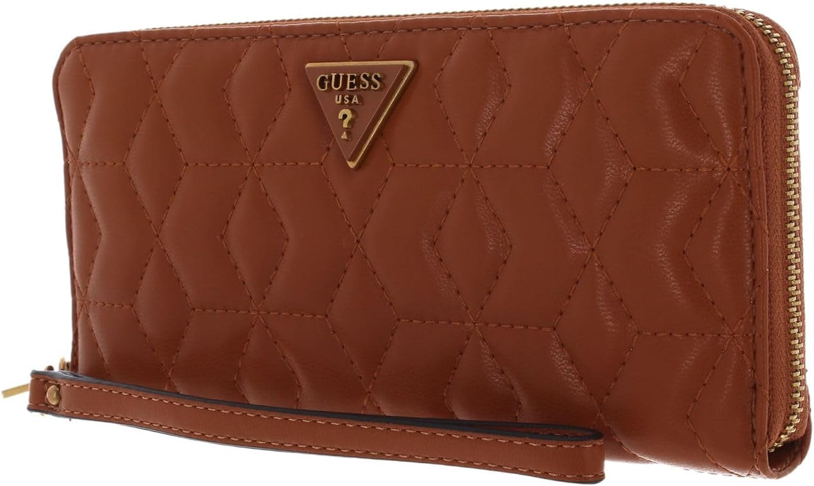 Portafoglio Guess Elenia in tessuto SLG con cerniera grande color cognac donna