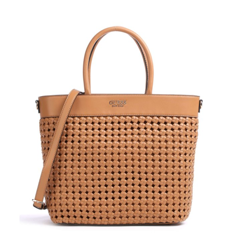Borsa a mano Guess Sicilia in pelle sintetica e tessuto con scomparto foderato colore cognac HWWG8490230 30 x 30 x 12 cm.