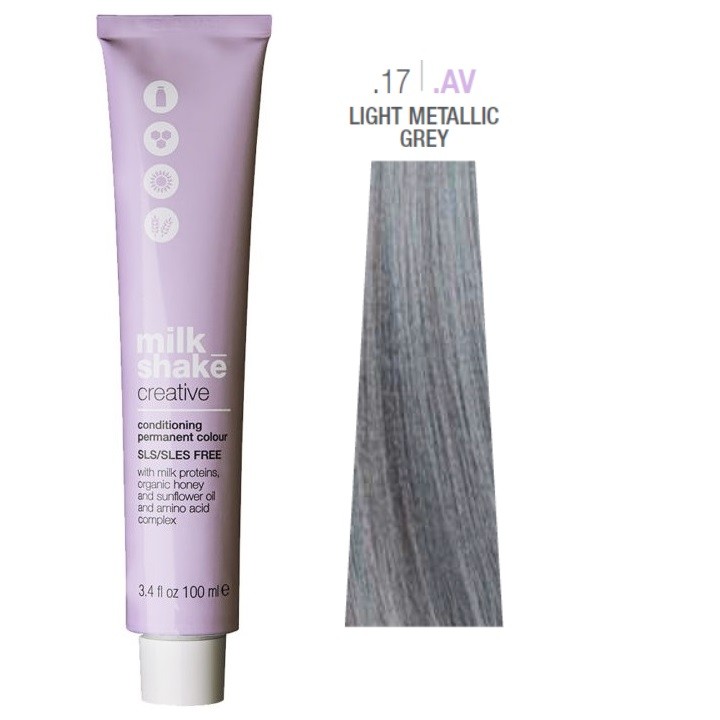 Tintura per capelli permanente Milk Shake Creative SLS/SLES-Free .17.AV Grigio metallizzato chiaro 100ml