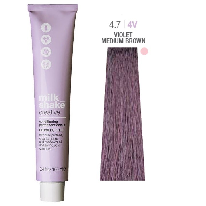 Tintura per capelli permanente Milk Shake Creative SLS/SLES-Free 4.74V Viola Castano Medio 100ml
