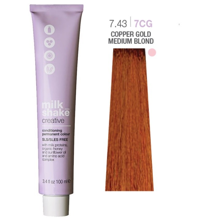 Tintura per capelli permanente Milk Shake Creative SLS/SLES-Free 7.437CG Biondo dorato ramato medio 100ml
