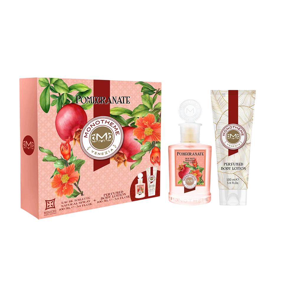 Set Monotema: Eau de Toilette Melograno donna 100ml + Gel doccia detergente al melograno per tutti i tipi di pelle 100ml
