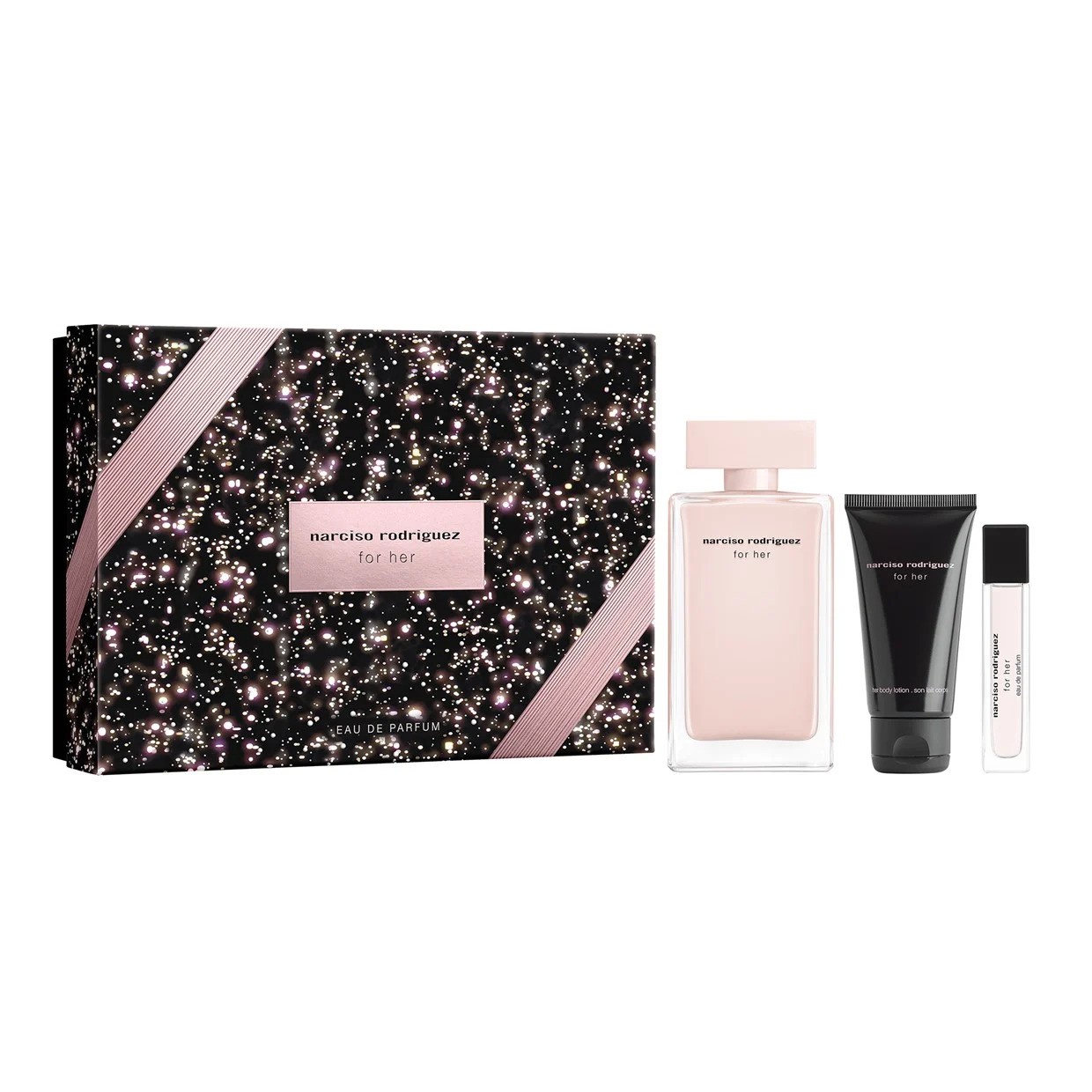 Set Narciso Rodriguez: For Her Eau De Parfum donna 100ml + For Her Hydrating Body Lotion 50ml + For Her Eau De Parfum donna 10ml