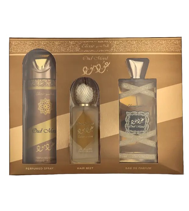 Lattafa SET Oud Mood Elixir eau de parfum spray 100ml + SPRAY PER CAPELLI 50ml + DEODORANTE spray 200ml