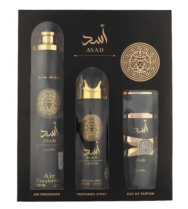 Lattafa SET Asad eau de parfum spray 100ml + DEO spray 200ml + DEODORANTE spray per ambienti 300ml