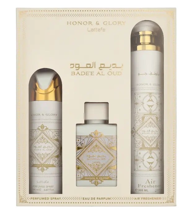 Lattafa SET Honor & Glory Badee Al Oud Eau de Parfum spray 100ml + Spray profumato 200ml + Deodorante per ambienti 300ml