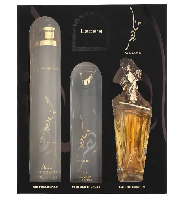 Lattafa SET Maahir eau de parfum spray 100ml + SPRAY PROFUMATO 200ml + DEODORANTE PER AMBIENTI 300ml
