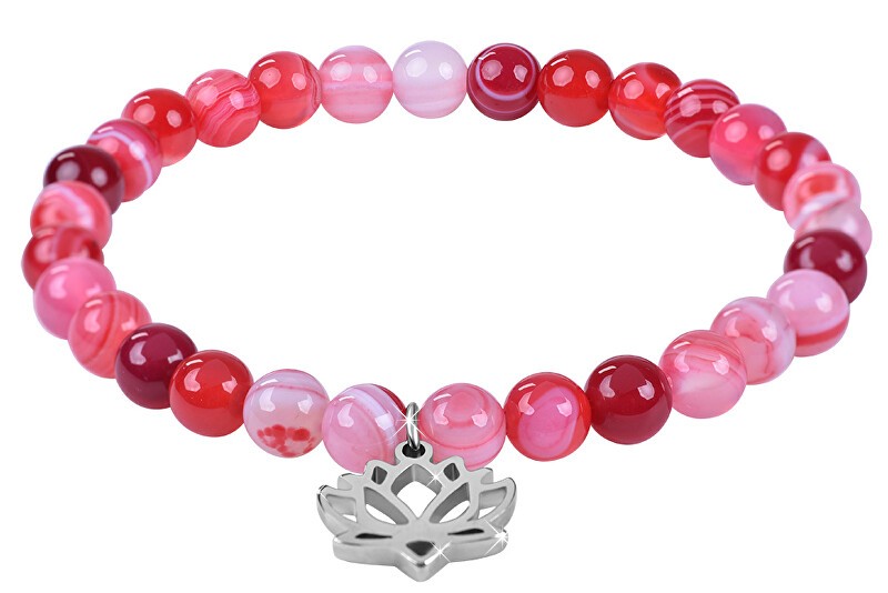 Troli Bracciale di perline di agata rosa con fiore di loto - Lunghezza: 17 cm donna