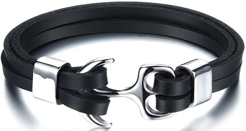 Troli Bracciale in pelle nera con ancora in acciaio Swater uomo