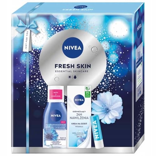 Nivea SET Crema giorno rinfrescante Fresh Skin 24 ore idratante SPF 15 50ml + Struccante occhi bifasico 125ml + Rossetto